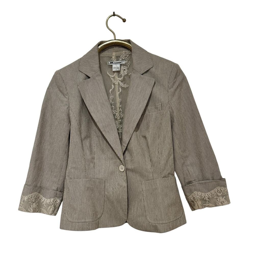 Nygard Collection Tan Pinstripe Blazer Jacket with Lace Detailing 6